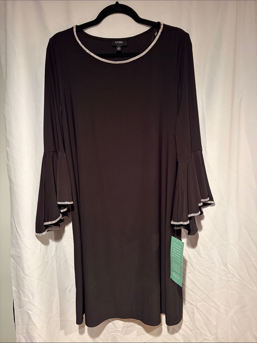 MSK Black Long-Sleeve Ruffle Dress with Silver Rhinestone Neckline and Cuff Trim